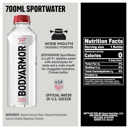 BODYARMOR SportWater Alkaline Water, High Alkaline Bottled Water, pH 9+, 700mL (24 Pack), Refreshing Electrolyte Drink Pack, Wide Mouth Bottle - size: 23.7 Fl Oz (Pack of 24)