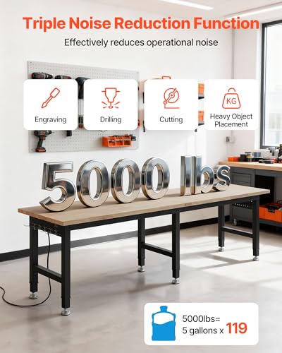 VEVOR Adjustable Workbench, 5000 lbs Capacity, 96 x 24 Inch Oak Wood Top Workstation with 4 AC Outlets & 2 USB Ports, Heavy-Duty Hardwood Worktable for Garage, Workshop, Home, Office, Commercial - size: 96 x 24 x 29.1-39 in / 2438 x 610 x 740-990 mm