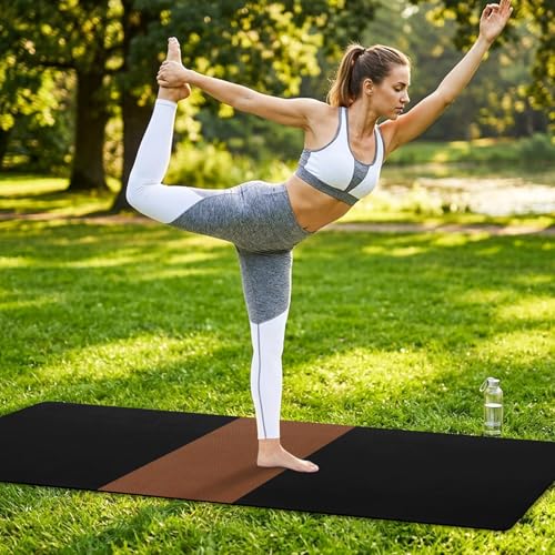 Yoga Mat Brown Black Non Slip Exercise Mat with Carrying Strap and Storage Bag Boho Style Fitness Mat for Yoga, Pilates, Stretching and Floor Workouts - color: Black, size: 72x32in