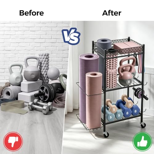 Yoga Mat Storage Rack, Home Gym Essentials Foam Roller Yoga Blocks Dumbbells Kettlebells Resistance Bands Workout Exercise Organizer Equipment Sports Fitness Gear Garage Organization Racks