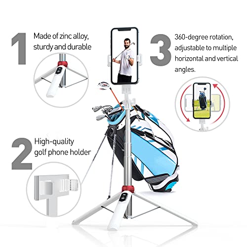 62" Phone Tripod & Selfie Stick for Golf Training, Extendable Cell Phone Tripod Stand with Wireless Remote and iPhone Holder, Golf Training Aid - Compatible with iPhone Android (White)