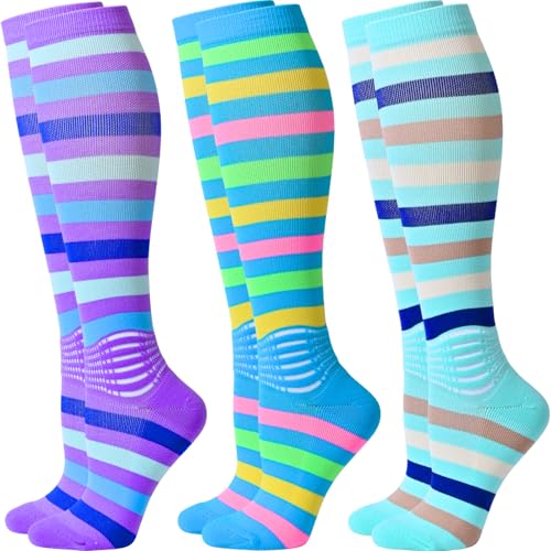 IRAMY Compression Socks Women Ankle Support Gradient Compression Wicking Moisture Knee High Socks 3 Packs - color: Blue+purple+light Green-3 Packs, size: Medium