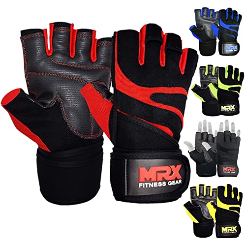 MRX Weightlifting Gloves for Men Workout Gloves Mens Wrist Support Lifting Gloves Male Gym Gloves | Workout Gym Accessories for Men Weight Lifting Fingerless Gym Exercise for Powerlifting - color: Black Red, size: Large