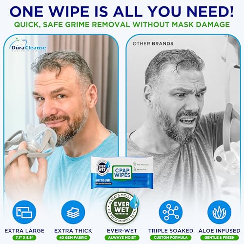CPAP Mask Wipes - 150 Count Jumbo Pack + 6 Travel Sheets - Dura Cleanse Extra Large, Extra Moist Cleaning Wipes for Full Face, Nasal Masks Unscented Cleaner for CPAP Machine, Supplies and Accessories - size: 150 Count (Pack of 1)