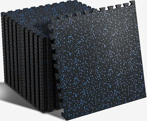 SUPERJARE 0.56'' Thick 12 Pcs 48 Sq Ft Rubber Top Exercise Equipment Mats, High Density EVA Foam Mats with Rubber Top, Interlocking Gym Flooring for Home Gym, Protective Workout Mat, Black/Blue - size: 12 Tiles (48 Sq Ft)