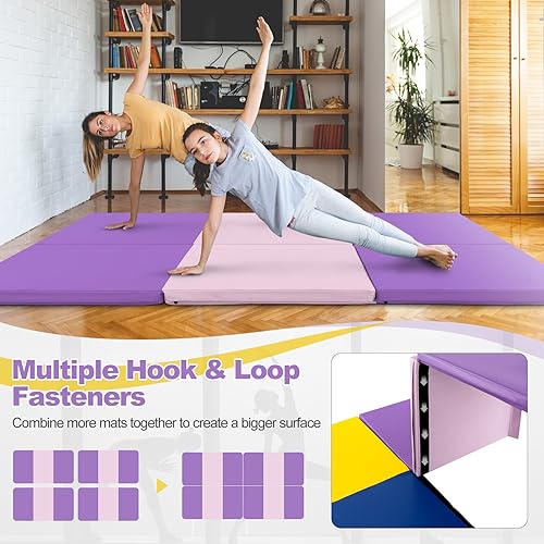 Goplus Folding Gymnastics Mat, 6’ x 2’ x 2’’ Thick Tri-Fold Exercise Tumbling Mat w/Carrying Handles, Hook & Loop Fastener, Gym mats for Home Fitness Yoga Aerobics Workouts Martial Arts - color: Purple + Pink