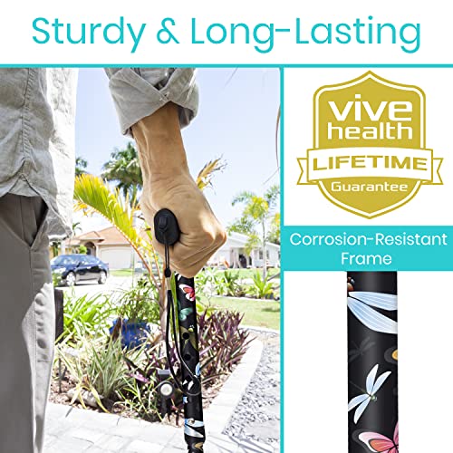Vive Folding Cane - Foldable Walking for Men, Women Fold-up, Collapsible, Lightweight, Adjustable, Portable Hand Stick Balancing Mobility Aid Sleek, Comfortable (Black Butterfly) - color: Black Butterfly