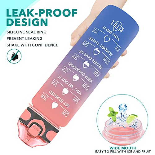 Enerbone 32 oz Drinking Water Bottle with Times to Drink and Straw, Motivational with Carrying Strap, Leakproof BPA & Toxic Free, Ensure You Drink Enough Water for Fitness Gym Outdoor - color: Pink-Blue