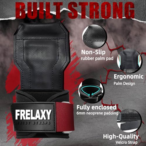Frelaxy Lifting Wrist Straps, Rubber Weight Lifting Grips for Deadlifts | Non-slip rubber palm, Full palm protection, Neoprene wrist padding, Enhanced grip support, Pull ups rows lat pulldowns - color: Red