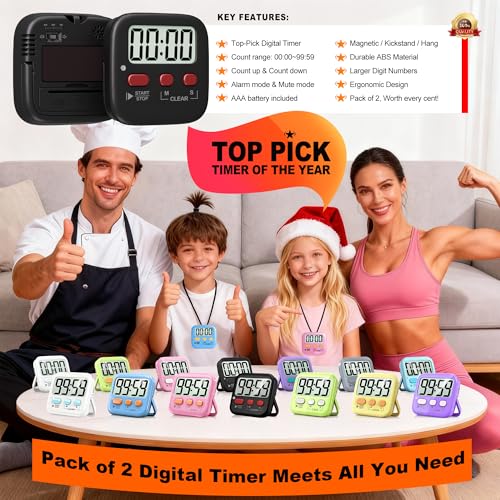 Antonki 2 Pack Digital Timer for Kids, Magnetic Countdown Kitchen Timers for Cooking, Egg, Classroom, Teacher, Exercise, Study, Oven - Battery Included - color: New Black