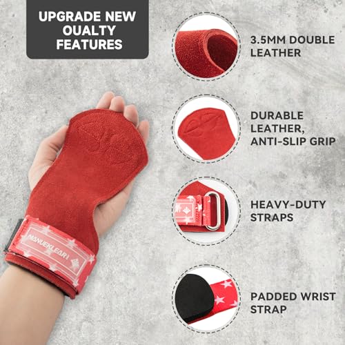 MANUEKLEAR Gym Straps Weight Lifting, Double Leather Lifting Straps for Men Deadlift with Cushion Wrist Loop, Gym Lifting Wrist Wraps for Weightlifting - color: One Size - Red