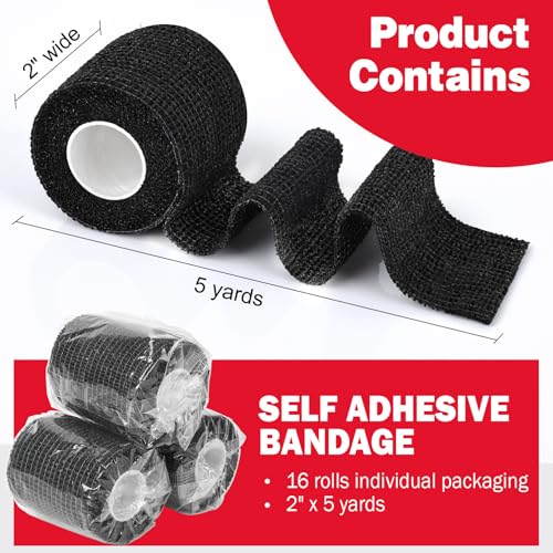 AZEN 16 Pack Self Adhesive Bandage Wrap Black, 2" X 5 Yards Black Athletic Tape, Vet Wrap, Tattoo Grip Tape Wrap，Ankle Tape, Cohesive Bandage Wrap - color: Black, size: 2 Inch