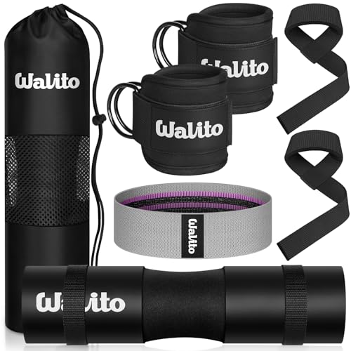 WALITO 8Pcs Barbell Pad Set for Hip Thrust - Squat Pad,Gym Accessories for Women with Bar Bad,Bench Press, with Gym Ankle Straps,Resistance Bands for Working Out,Lifting Strap,Carry Bag - color: Black