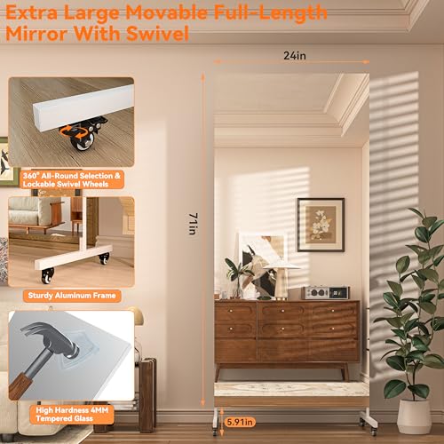Hasipu 71" x 24" Home Gym Mirror 360° Swivel on Wheels, White | Tempered glass, sturdy metal frame, smooth rolling casters, removable stand, ideal for gym, bedroom, dance studio & yoga. - color: White, size: 71"L x 24"W