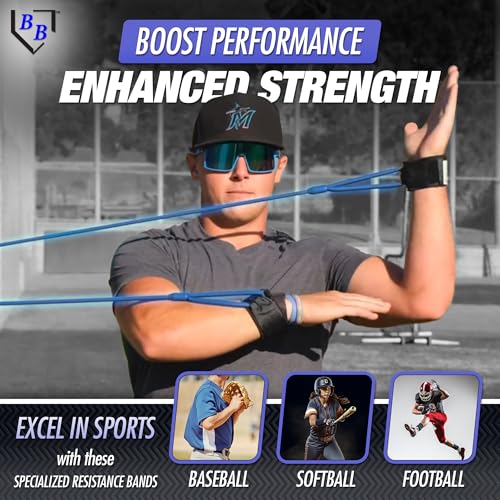 BB Bands Baseball Softball Resistance Training Bands - Arm Strength, Pitching Conditioning Equipment, 3 Strengths (Youth, Adult, Heavy), 7 Colors, Includes Anchor Strap, Door Mount, Bag, Workout Guide - color: Red, size: Youth