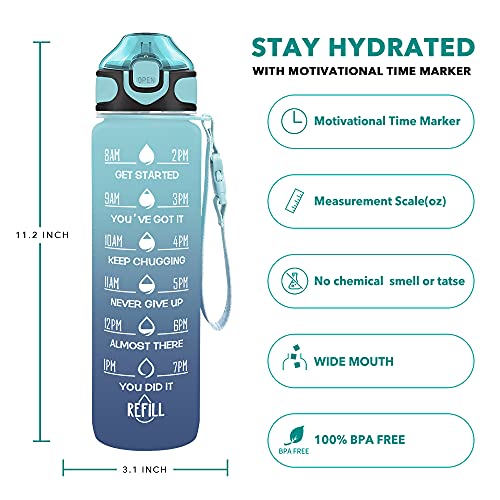 Enerbone 32 oz Drinking Water Bottle with Times to Drink and Straw, Motivational with Carrying Strap, Leakproof BPA & Toxic Free, Ensure You Drink Enough Water for Fitness Gym Outdoor - color: Green-Blue