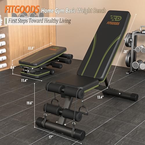 Fitgoods Adjustable Weight Bench for Home Gym, Foldable 700LBS Workout Bench with 9 Backrests, Multi-Purpose Bench Press for Incline Decline Flat with Fast Adjustment (2 resistance bands)