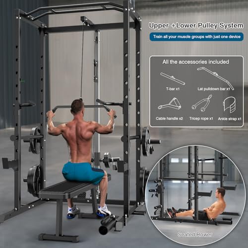 ULTRA FUEGO Power Cage, Multi-Functional Power Rack with J-Hooks, Dip Handles, Landmine Attachment and Optional Cable Pulley System for Home Gym - size: 240LB Weights Package black+Flat Bench
