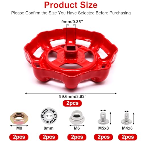 2 Pack Outdoor Faucet Handle, 9mm x 9mm (0.35" x 0.35") Square Stem Hole Faucet Handle Replacement, Cast Iron Round Wheel Water Spigot Handles Replacement with Screws Spacer (Red) - color: Red, size: 9mm x 9mm (2pcs)