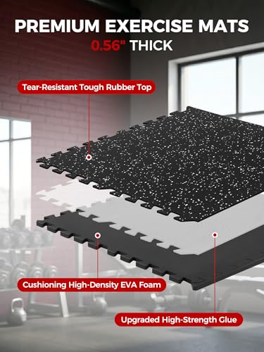 0.56" Rubber Top Gym Flooring, 24 Tiles 96 Sq Ft Heavy Duty Interlocking Gym Mats for Home Gym, Non-Slip High Density EVA Foam Workout Mat, Protect Floors from Weights, 24x24in, Black/White - color: Black/White, size: 24 Tiles (96 Sq Ft )