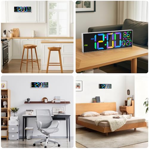 16.5" Digital Wall Clock with Bluetooth Auto-Sync, Large LED Display, Smart Auto Dimming, DST, Remote Control, Night Light, Date & Temperature for Living Room, Gym, Office, White - color: White-multicolor