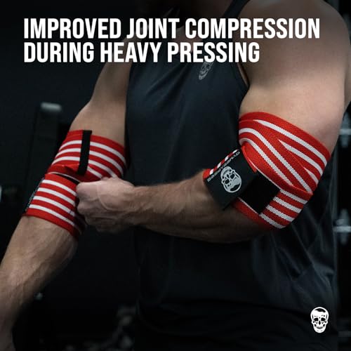 Gymreapers Weightlifting Elbow Wraps (1 Pair) - Flexible 40'' Elbow Compression Strap & Joint Support Brace - for Bench Press, Powerlifting, and Pressing - color: Red/White
