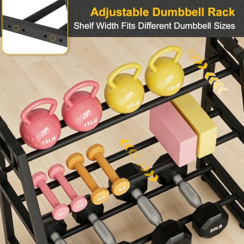 Heavy Duty 3-Tier Dumbbell Rack, 600 LBS Capacity Adjustable Weight Rack for Kettlebells & Dumbbells, One-Piece Solid Steel Home Gym Storage Stand, Space-Saving Corner Organizer with Hooks (32" H x 31.5" L)