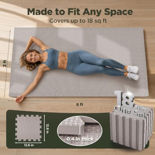 AIRHOP 18 PCS Gym Floor Mat, EVA Foam Puzzle Gym Mat, High-Density Interlocking Foam Floor Tiles for Home Gym, Play Workout Garage Kitchen Flooring 12.6"x12.6"x0.4" - color: Beige, size: 18 Tiles | 18 Sq Ft