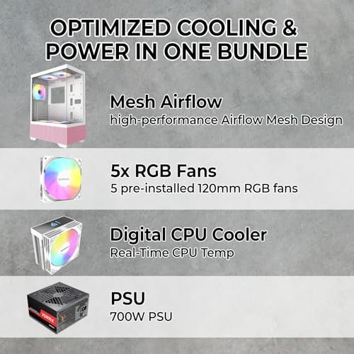 Raidmax i802 Vibe Series ATX Mid Tower Gaming Case Bundle – Tempered Glass Side Panel, Includes 700W 80+ Power Supply, AM1204 Digital Display Air Cooler, and 5 Pre-Installed FRGB Fans (Pink) - color: Pink
