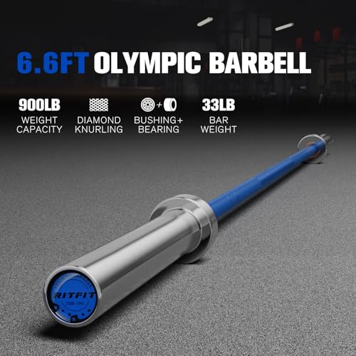 RitFit Elite 7ft Olympic Barbell, Robust 45lb Barbell for Weightlifting and Powerlifting, Superior Olympic Bar with Exceptional 500lbs Load Capacity, Weight Bar for 2” Standard Plates - color: Silver/Blue, size: 6.6 ft 900 lb 33 lb without Collar
