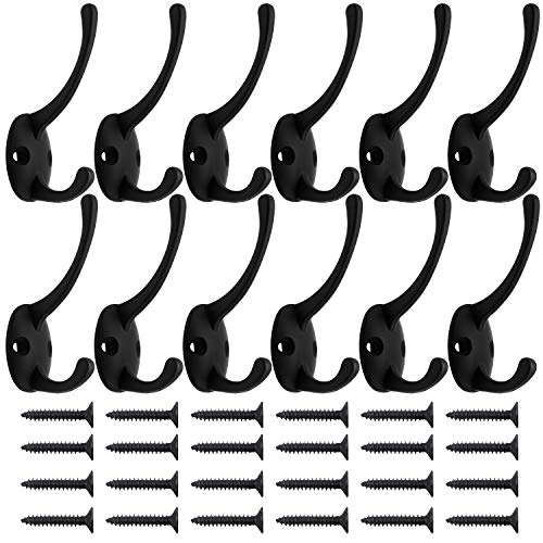 IBosins 12 Pack Black Coat Hooks Wall Mounted with 24 Screws Retro Double Hooks Utility Black Hooks for Coat, Scarf, Bag, Towel, Key, Cap, Cup, Hat - color: Black
