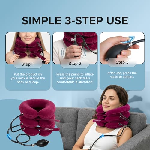 Inflatable Neck Stretcher for Neck Pain Relief, Cervical Traction Device with Hand Pump, 3-Layer Adjustable Neck Decompression Collar for Pinched Nerve, Stiff Neck & Tech Neck Support | Breathable Material - color: Blush Rose Pink