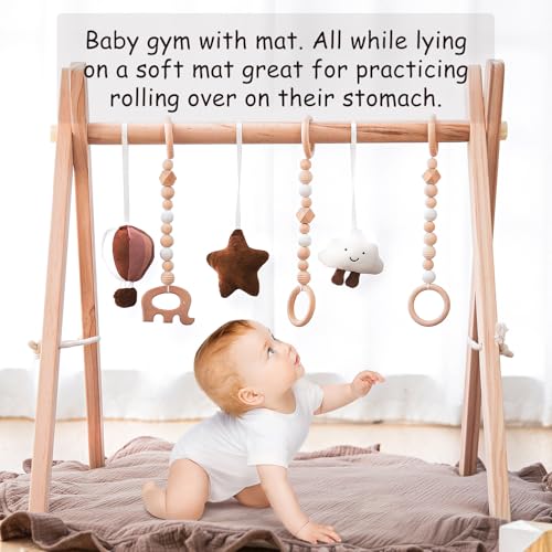 Wooden Baby Play Gym Play Mat Foldable with 6 Hanging Toys for Shower Gift | Baby Activity Frame Natural Pine Wood with 6 Sensory Toys Foldable Montessori Baby Gym with Cotton Mat Newborn Shower Gift