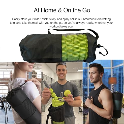321 STRONG 5 in 1 Foam Roller Set with Hollow Core Deep Tissue Massager, Muscle Roller Stick, Stretching Strap, Spikey Plantar Fasciitis Ball, and Carry Bag, with 4K eBook - color: Bright Lime