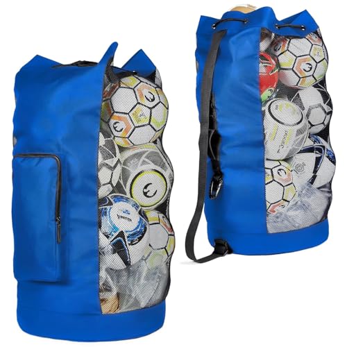 Fitdom Heavy Duty XL Soccer Mesh Equipment Ball Bag w/Adjustable Shoulder Strap Design for Coach. with an Over-Sized Front Pocket for Sporting Accessories. Best for All Outdoor & Water Gears - color: Blue / Black