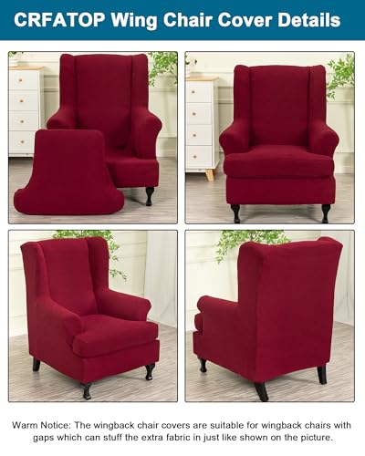 CRFATOP 2 Piece Stretch Wingback Chair Cover Jacquard Wing Chair Slipcovers Spandex Fabric Wingback Armchair Covers with Elastic Bottom for Living Room Bedroom Wingback Chair,Burgundy - color: Color C26-burgundy