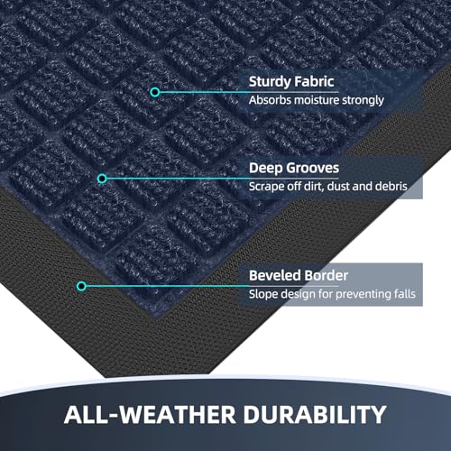 Front Door Mat Outside Entrance, Heavy Duty Waterproof Doormat | 47.5"x35.5" Indoor/Outdoor Dirt Trapper with Non-Slip Rubber Backing, Low Profile Easy Clean, Stain & Fade Resistant Navy - color: Navy, size: 2'11" x 3'11" (Rectangular)