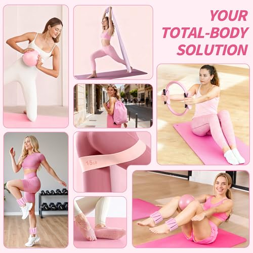 NANATI Pilates Kit, Home Pilates Workout Kit for Women, Pilates Equipment with 14.5" Pilates Ring and Ball, Resistance Bands, Ankle Weights, Sliders & Grip Socks for Home Workouts - color: Pink