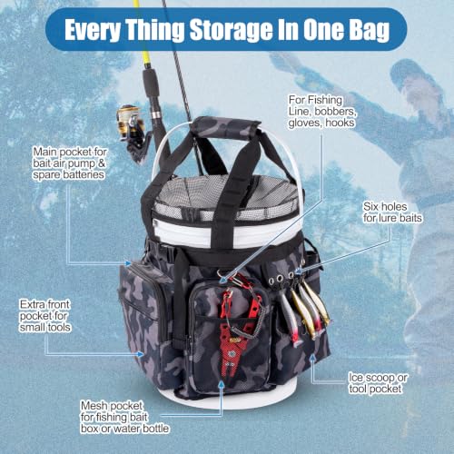 Fishing Bucket Organizer with Mesh Cover 5 Gallon Bucket Accessories Waterproof 600D Adjustable Fishing Tackle Bag with Multi-Pockets for Fishing Gear and Equipment