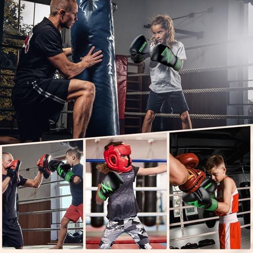 Kids Boxing Gloves 6 oz Youth Training Sparring Gloves for 3–12, Leather Ventilated Mesh, Boys Girls Junior Punching Gloves for PunchBag Focus Pads MMA Muay Thai Kickboxing - color: Green