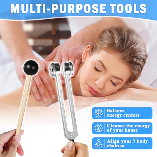Tuning Fork Set (128Hz, 256Hz, 512Hz) of 3, Weighted & Unweighted Aluminum Forks with Reflex Hammer and Storage Bag for Chakra/Healing/Medical/Sound Therapy Instruments/Yoga/Meditation Accessories - color: 128Hz, 256Hz, 512Hz - Silver