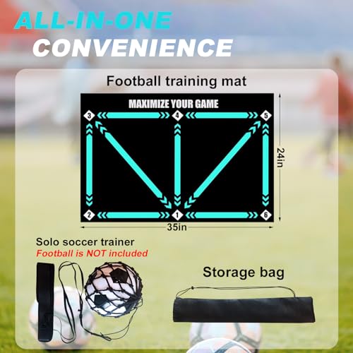 Football Footstep Training Mat, Soccer Training Mat 35 * 24IN, Soccer Skills Training Equipment with Storage Bag and Soccer Return Trainer Net - color: Black-Blue