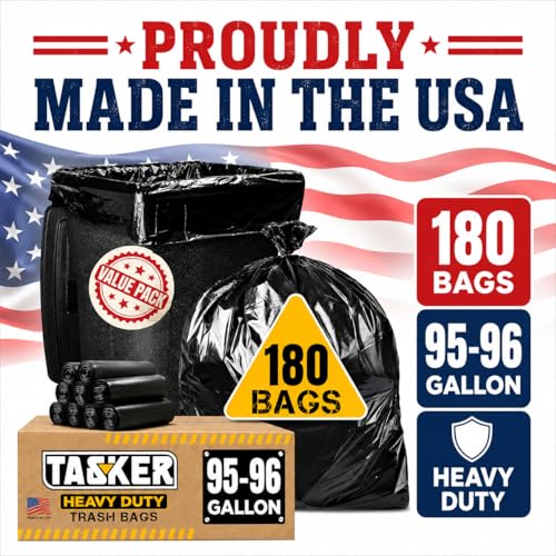 Tasker 95 Gallon Trash Bags Heavy Duty |180 Bags Bulk Pack| 95-96 Gallon, Extra Large XL Black Garbage Bags, Can Liners Fit 90-100 Gallon Cans, Outdoor Yard Waste, Commercial Industrial - size: 180 Count (Pack of 1)