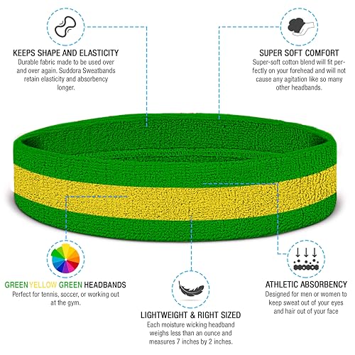 Suddora Striped Sweatband Set, Moisture Wicking 2 Wristbands and 1 Headband, Breathable Athletic Sweat Bands for Sports, Costumes & Cosplay, Matching Bands to Wear with Jersey - color: Green Yellow Green