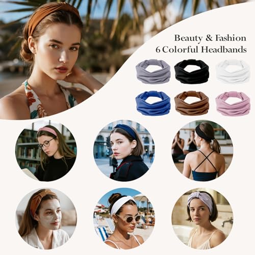 HSEM Headbands for Women, Wide Elastic Head Bands, Non-Slip Thick Hair Bands, Sports Stretchy Sweat Bands, Large Knotted Soft Headband for Washing Face, Makeup, Workout, Spa, Running, Fashion, 6-Pack - color: Grey/Navy/Brown/White/Pink/Black