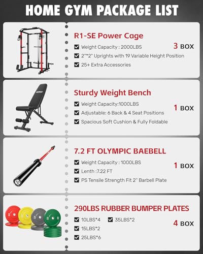 RH01 Power Cage Rack, 2000LBS Squat Rack with with Cable Crossover System&LAT Pull Down System, Multi-Function Workout Cage for Home&Garage Gym - color: Red-SE, size: RH01 Power Cage with 290LB C Weights