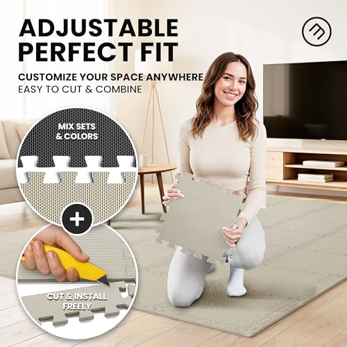 bemaxx Gym Mats Set - 18 pcs EVA Interlocking Foam Floor Tiles (12.6"x12.6"x0.4") 18sqft Protective Gym Flooring Sports Home Workout Exercise Mats Puzzle Garage Fitness Play-Room Pool Treadmill Bike - color: Warm Sand, size: 18 Tiles | 18 sq ft