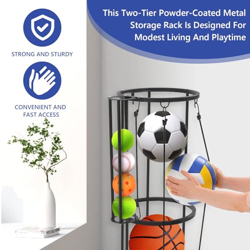 Garage Ball Storage Rack, Wall Mounted with Side Ball Basket, Black | Side Small Ball Basket, Vertical Sports Equipment Organizer for Basketball, Soccer, Football, Volleyball,Garage Gym Game Room