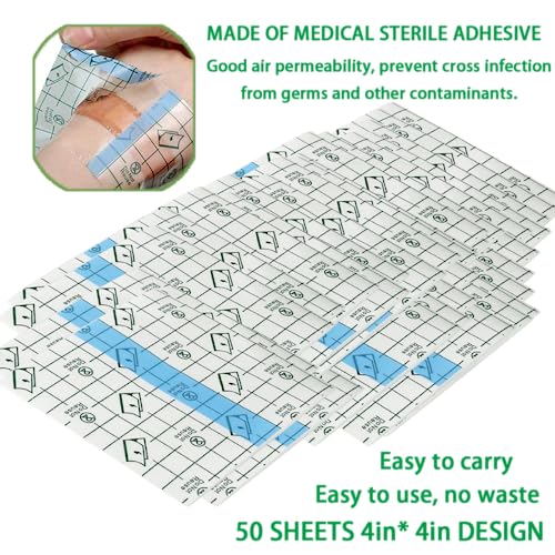 50 Pieces 4 x 4 in Stretch Waterproof Adhesive Bandages Transparent Film for Tattoo Aftercare and Skin Repair Adhesive Tattoo Supply Wrap - size: 4 x 4 Inch(Pack of 50)