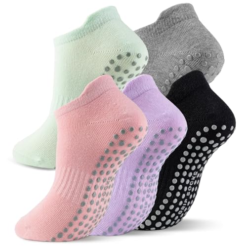 5 Pairs Pilates Socks with Grips for Women Non Slip Grip Yoga Crew Socks for Barre Hospital Barefoot - color: B - Black Gray Pink Purple Green